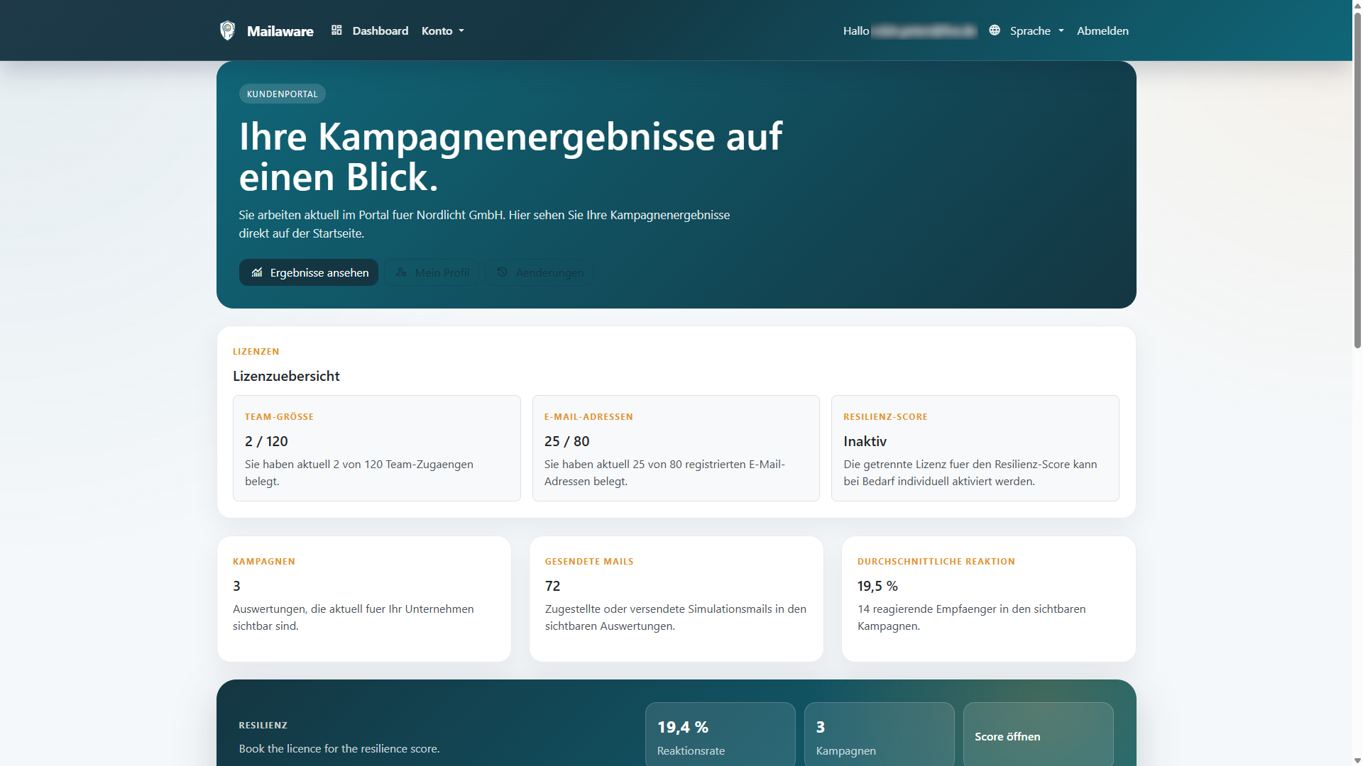 Screenshot des Kundenportals mit Lizenzübersicht und Kampagnenkennzahlen
